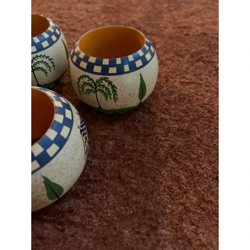 Vintage Folk Art Style Napkin Rings‎ Set of 4 Colonial House Willow Tree Blue